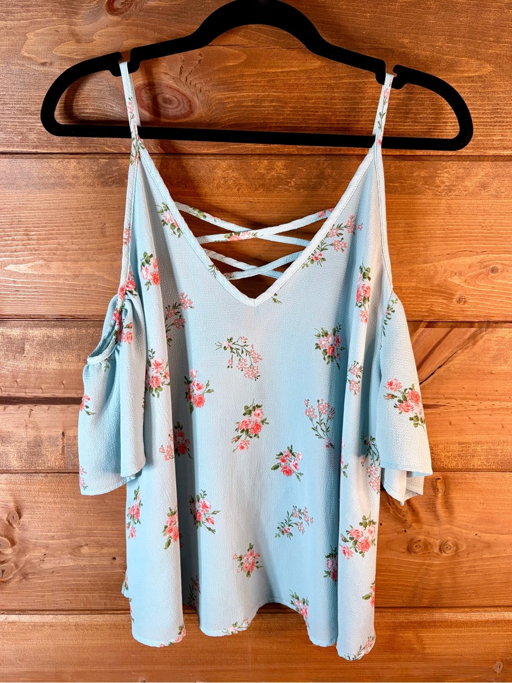 Timing Light Blue Floral Cold-Shoulder Top with Crisscross Straps